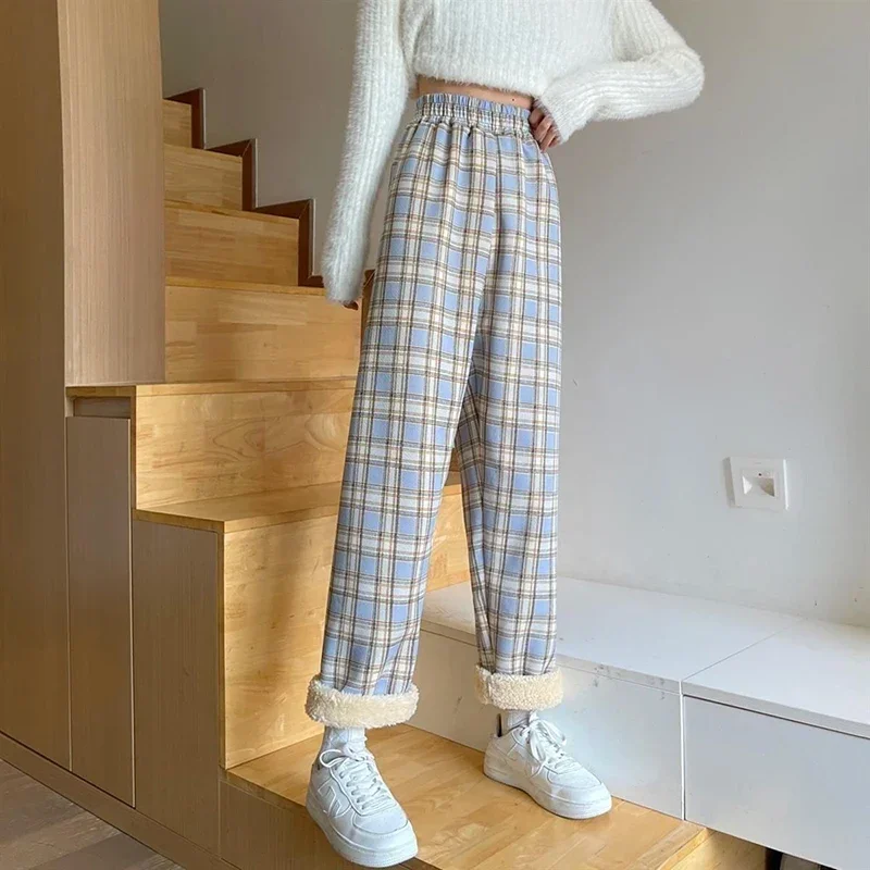 JMPRS Winter Thick Plaid Pants Women Korean Fashion Warm Loose Wide Leg Trousers Student Y2K Causal High Waist Pants Outwear