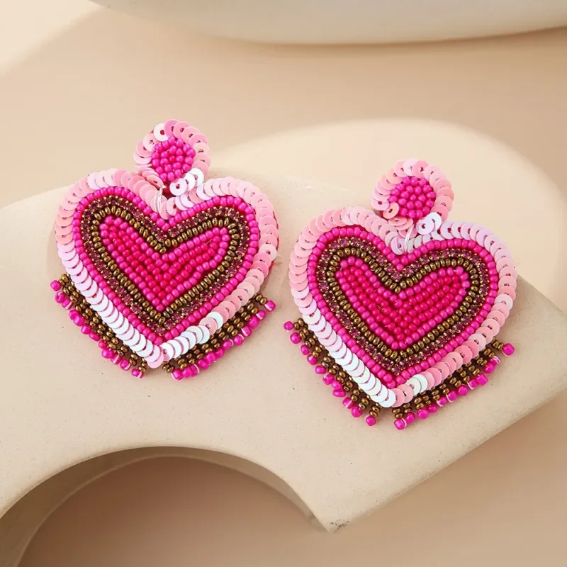 Rice bead earrings Heart-shaped Sequin Originality Fashion Simple Hand knitting Bohemia Alloy Beaded earrings