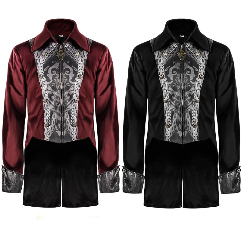 

Classic Medieval Men Costume Jacquard Stand Collar Court Nobility Cosplay Jacket Coat Victorian Renaissance Style Clothing S-XXL