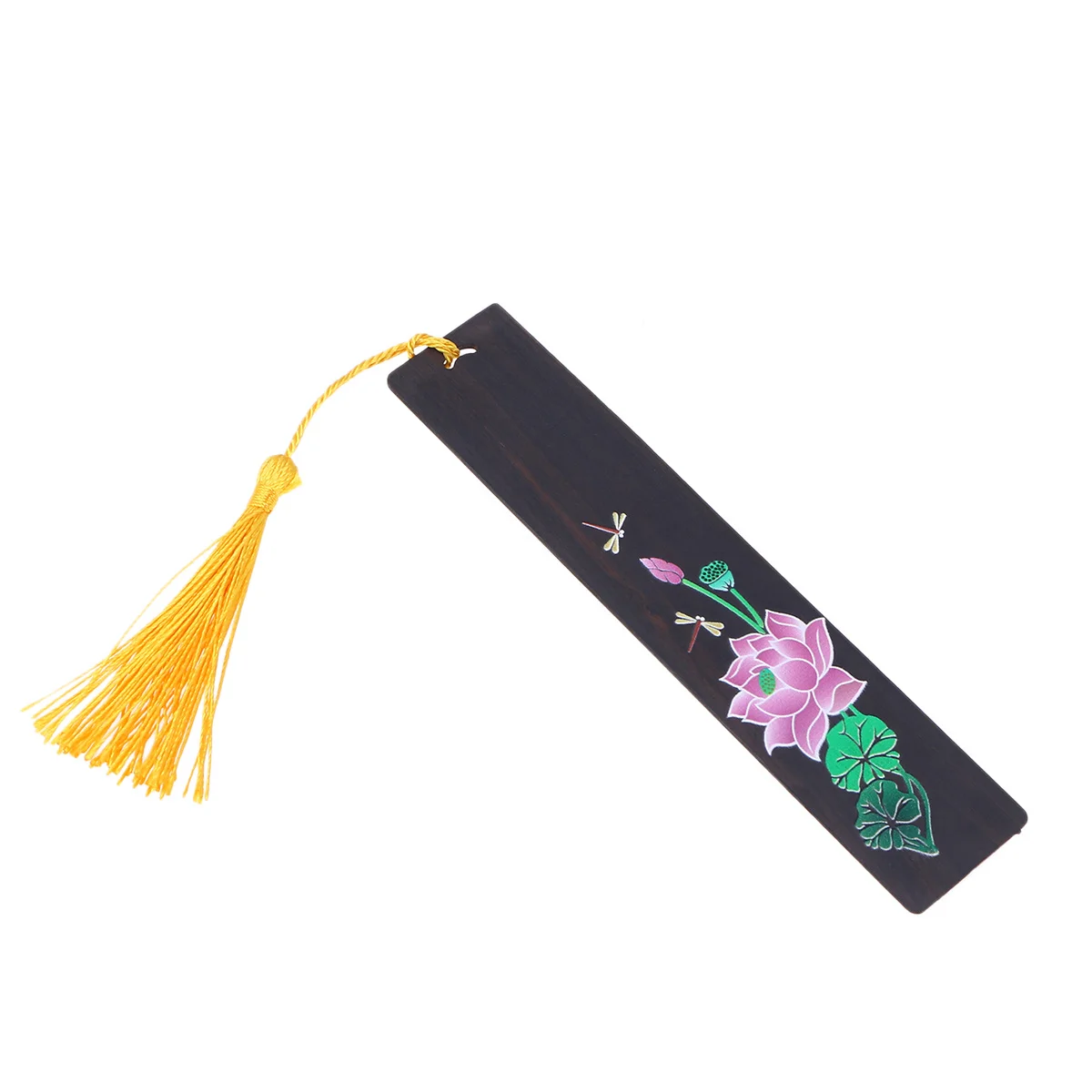 Деревянная закладка ручной работы в китайском стиле с изображением лотоса и стрекозы, украшение для чтения с кисточкой, деревянная закладка из черного дерева