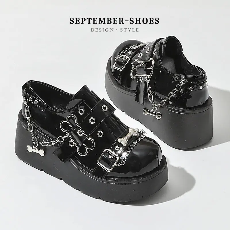 Gothic Y2k Platform Shoes Bone Metal Chain Buckle Strap Patent Leather Punk Lolita Dark Women Casual Shoes