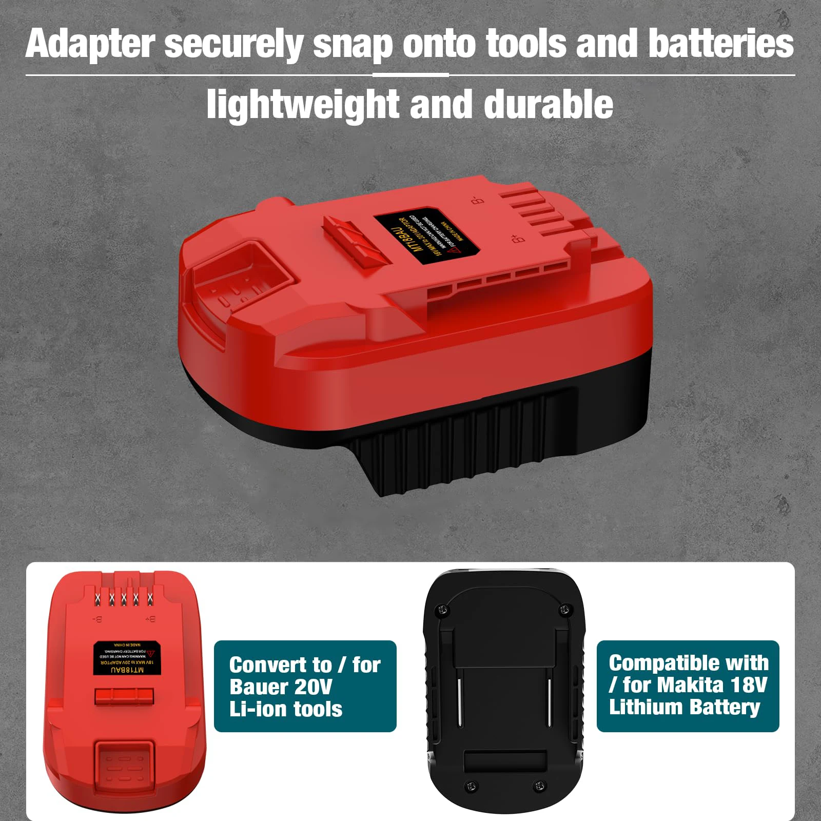 

Battery Adapter MT18BAU Fits for Makita 18V Li-ion Battery Converts To for Bauer 20V Battery Cordless Power Tools (Adapter Only)