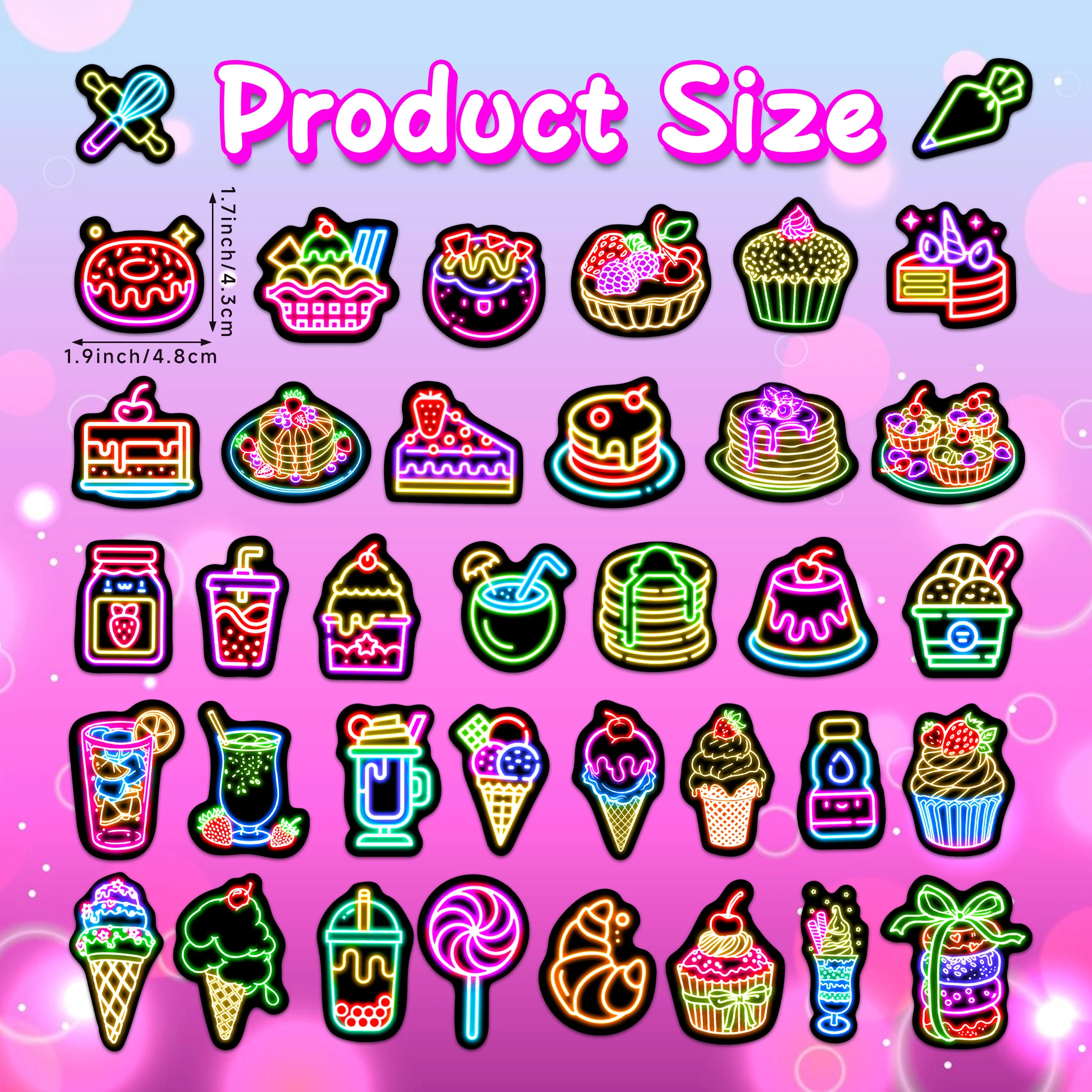 50Pcs Neon Desserts Glow in the Dark Stickers Waterproof Vinyl Decals Phone Case Skateboard Book Decoration for Kids DIY Gifts