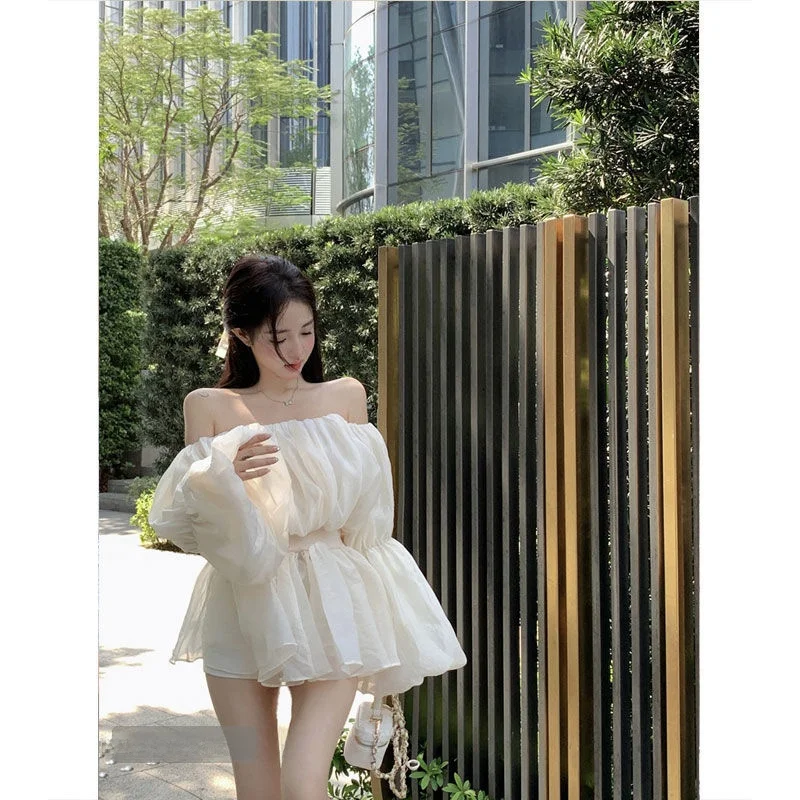 

plus Size 300 Pou Women's irt Korean Sle Loose Fit Long Sve One oulder Net Design Waist Cinched Casual Workwear