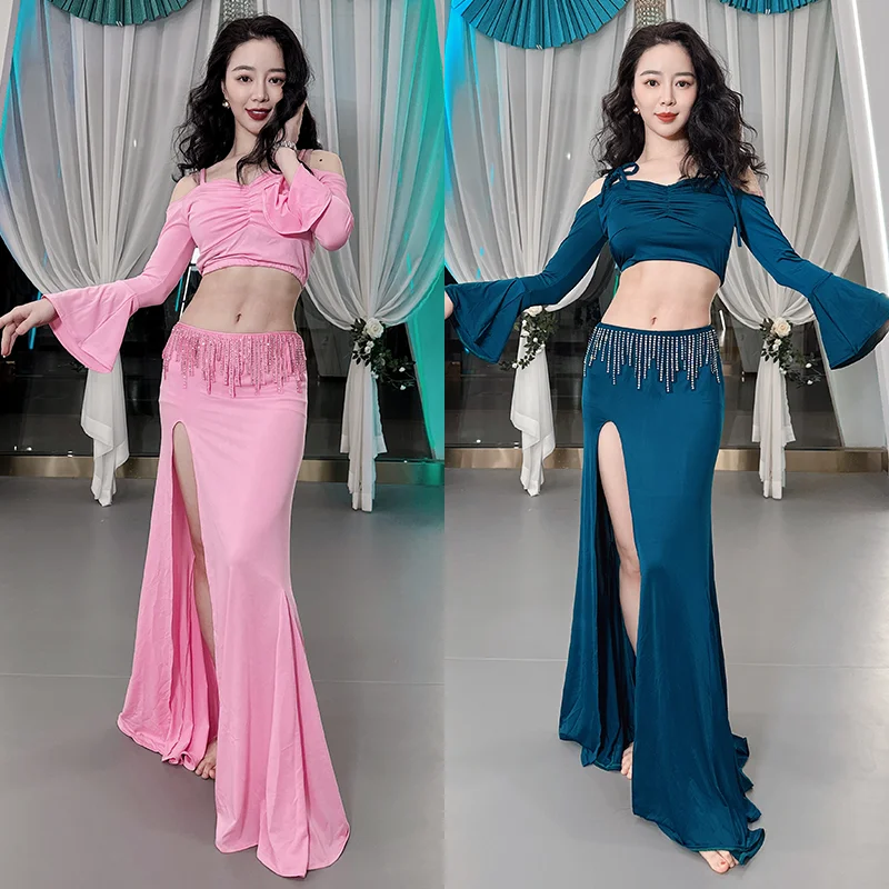 

New Belly Dance Costume Horn Sleeves Tassel Diamond Fishtail Skirt Oriental Dance Professional Dancer Performance Costume Set