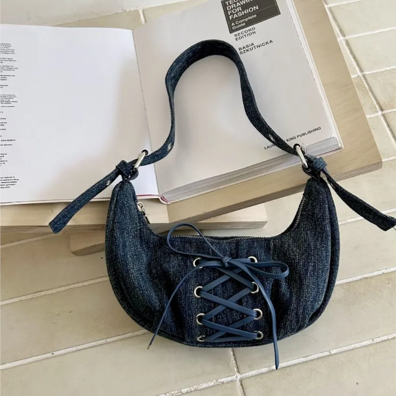 

Denim Bow Tie Shoulder Bags For Women Korean Versatile Fashion Small Handbags Dumpling Bag Lady 2024 New Y2K Solid Underarm Bags