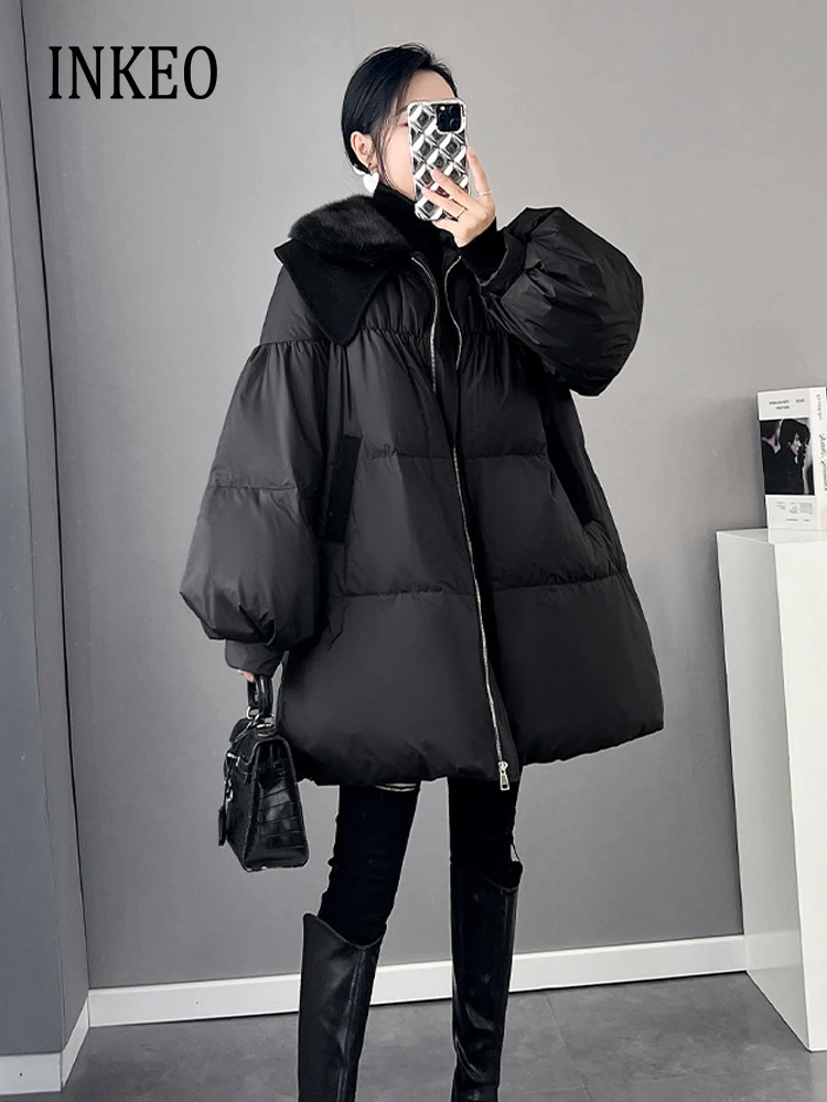 High Quality Mink fur collar down jacket for women 2023 Winter Oversized Lantern sleeve puffer coat Black Parkas INKEO 3O200