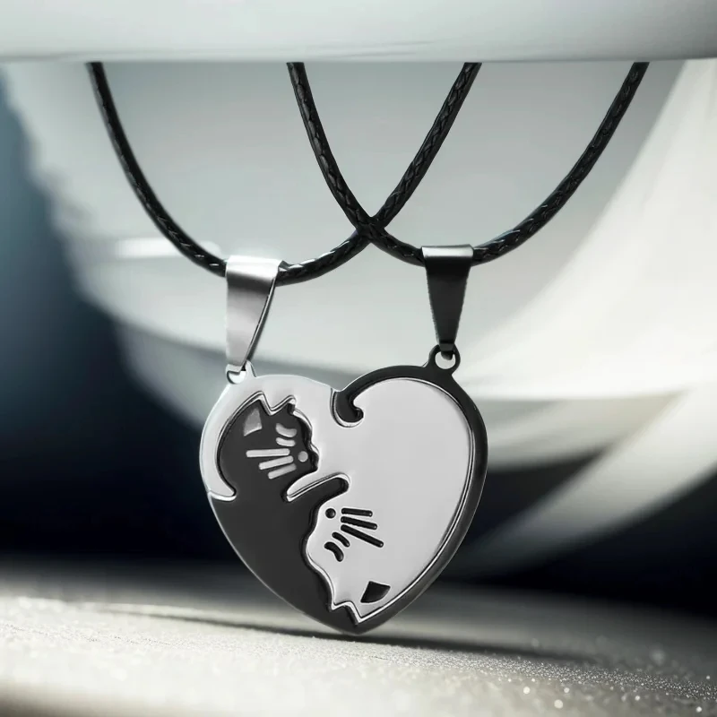 Couples Matching Friendship Necklace for Women Gift Stainless Steel Heart Cat Pendant Best Friends BFF Fashion Jewelry Choker