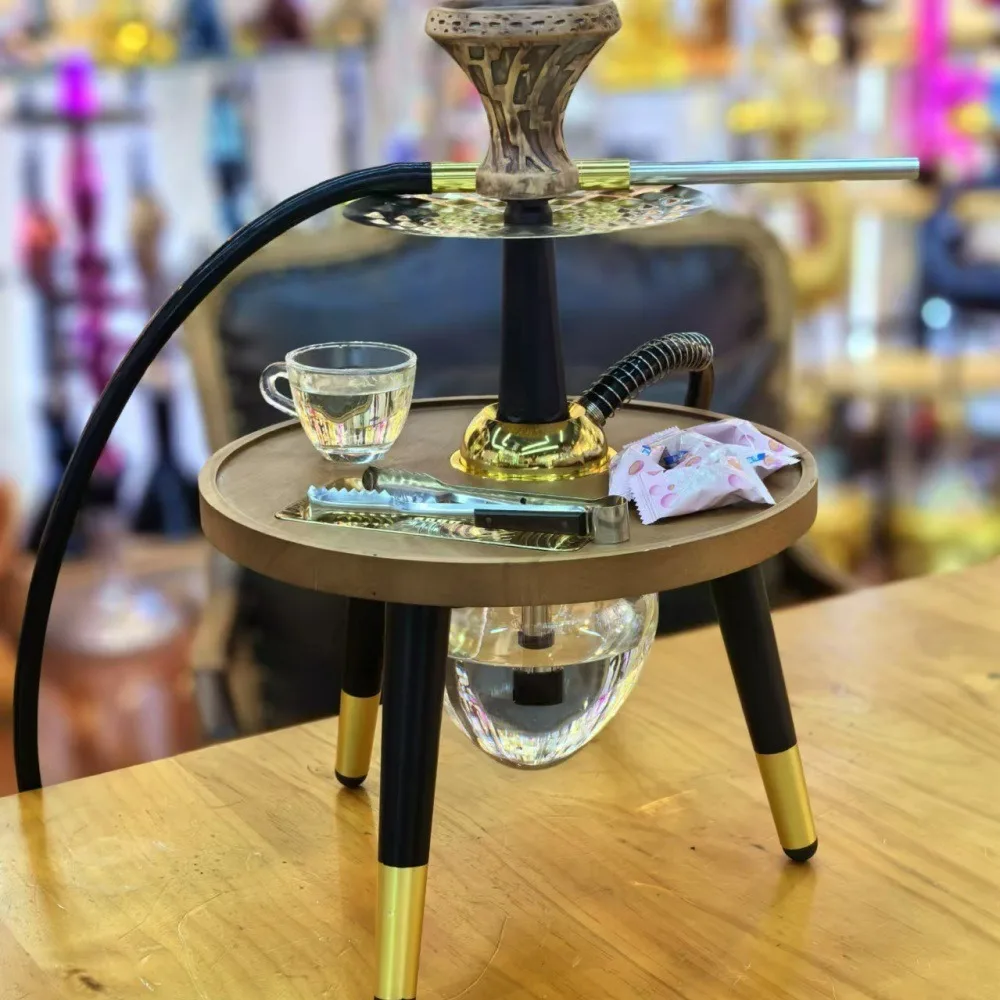 Round Wooden Table Hookah, Complete Chicha Hookah, New Single Pipe Shisha with Shisha Table, Smoking Accessories, Narghile Sisha