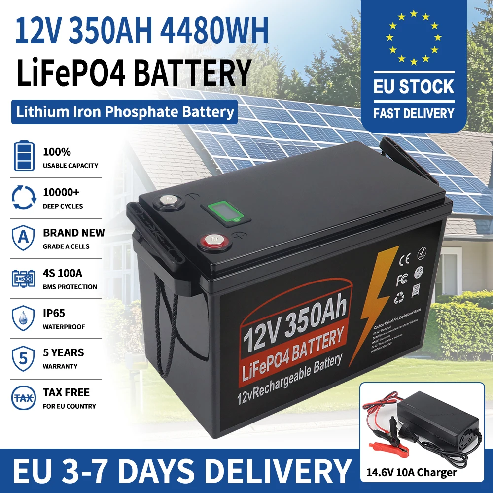 12V 350Ah LiFePO4 Lithium-Batterie mit 100A BMS, 10.000+ Zyklen für Wohnmobile, Offroad-Fahrzeuge, netzunabhängige Angelboote und Solarsysteme