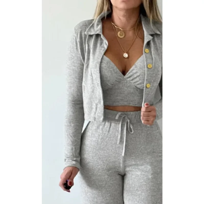 3-teiliges Set mit Umlegekragen, langen Ärmeln, Metallknöpfen, Dekor, Mantel, Oberteil, V-Ausschnitt, Spaghettiträger, Tank-Kordelzug, dehnbare Taille