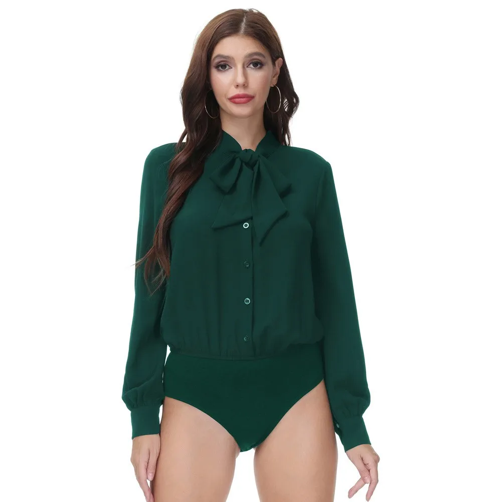 Body de manga larga con lazo para mujer, camisa de cintura elástica con cuello levantado, ropa de calle lisa, mono elegante para oficina, otoño