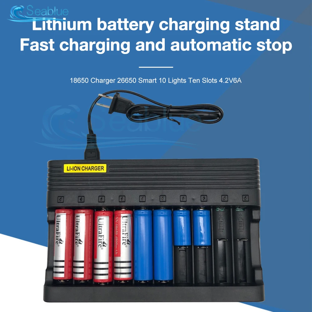 Universal Charger 10 Slots 18650 Lithium Battery Charger 4.2V Rechargeable Charge for 26650 25500 16340 18500 10440 17500