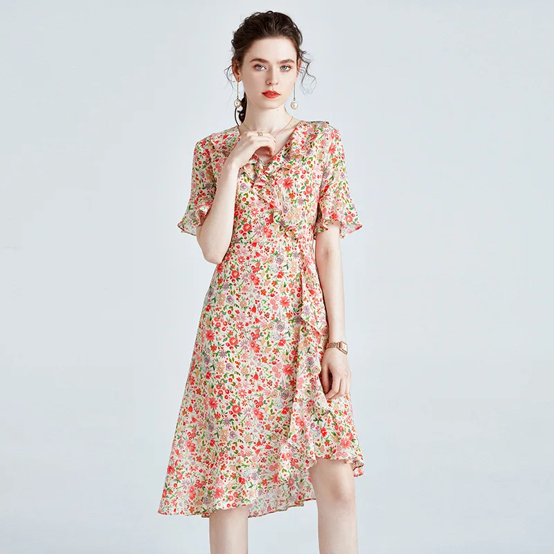 100% Real Mulberry Silk Dress Summer New Slim-fit Fashion Flora Printed Dress French Ruffled Short Sleeve A-line Real Silk Dress