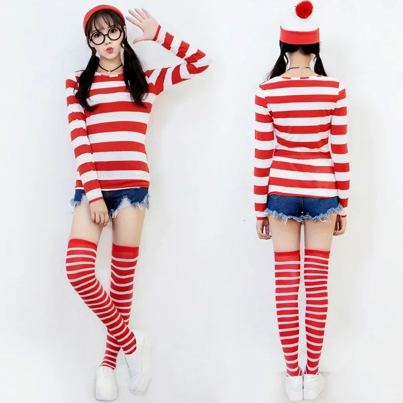 

Anime Wally Outfit Ladies World Book Day Week Wenda Waldo Character Fancy Dress Shirt Hat Glasses Stockings Costume