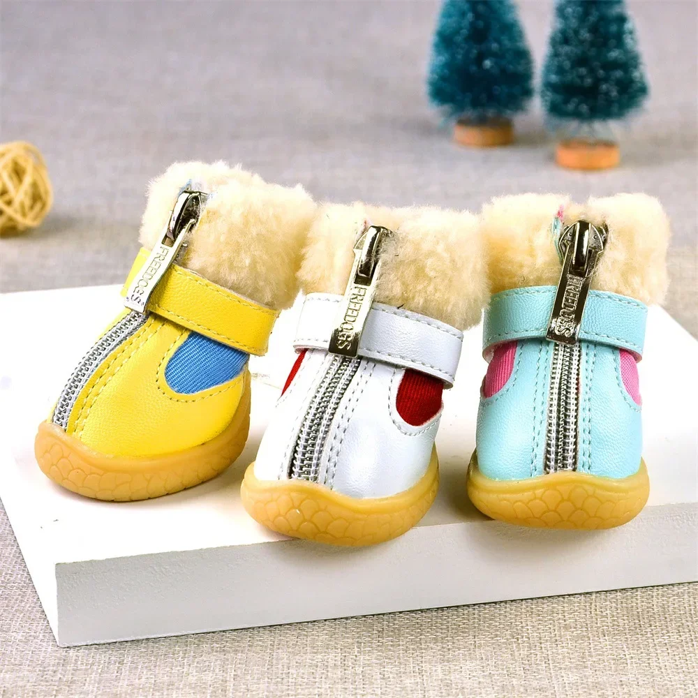 Winter Teddy Bichon Dog Shoes Canvas Raw Edge PU Leather Decorated Pet Shoes