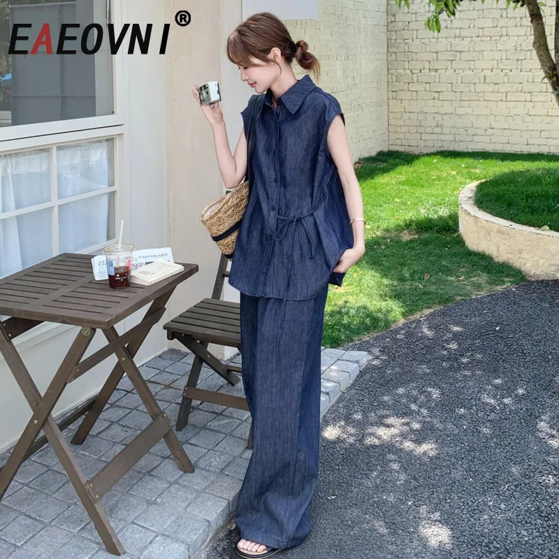 

EAEOVNI Denim Summer Fashion 2 Piece Set For Women Sleeveless Lace-up Button Shirt + Wide Leg Trousers 2025 New Clothing 1A1050