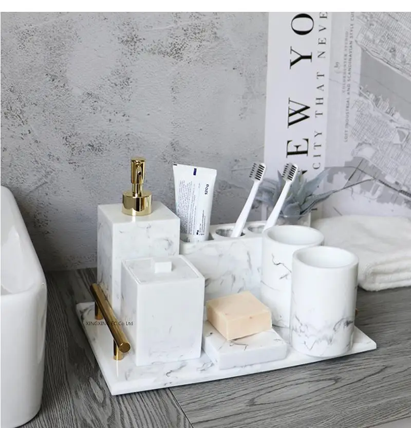 Marble Ink Pattern Resin Bathroom Supplies Toilet Set Soap Dispenser Toothbrush Holder Dish Decoration Accessories