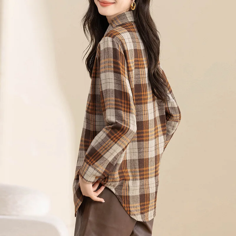 Boweylun Retro Milled Plaid Long Sleeve Shirt Women's Autumn and Winter Medium Long Loose Blouse Tops Famale