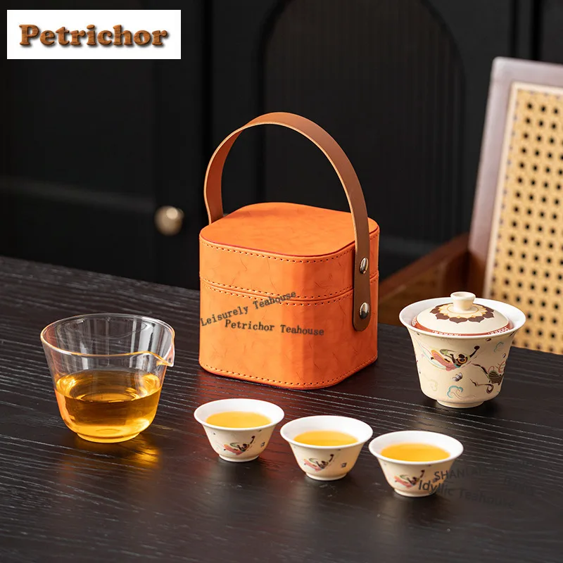 

Dunhuang Apsaras Travel Tea Set Kit Retro 1 Pot 3 Cups Tea Maker Organizer Portable Outdoor Tote Bag Tea Services Supplies Gift