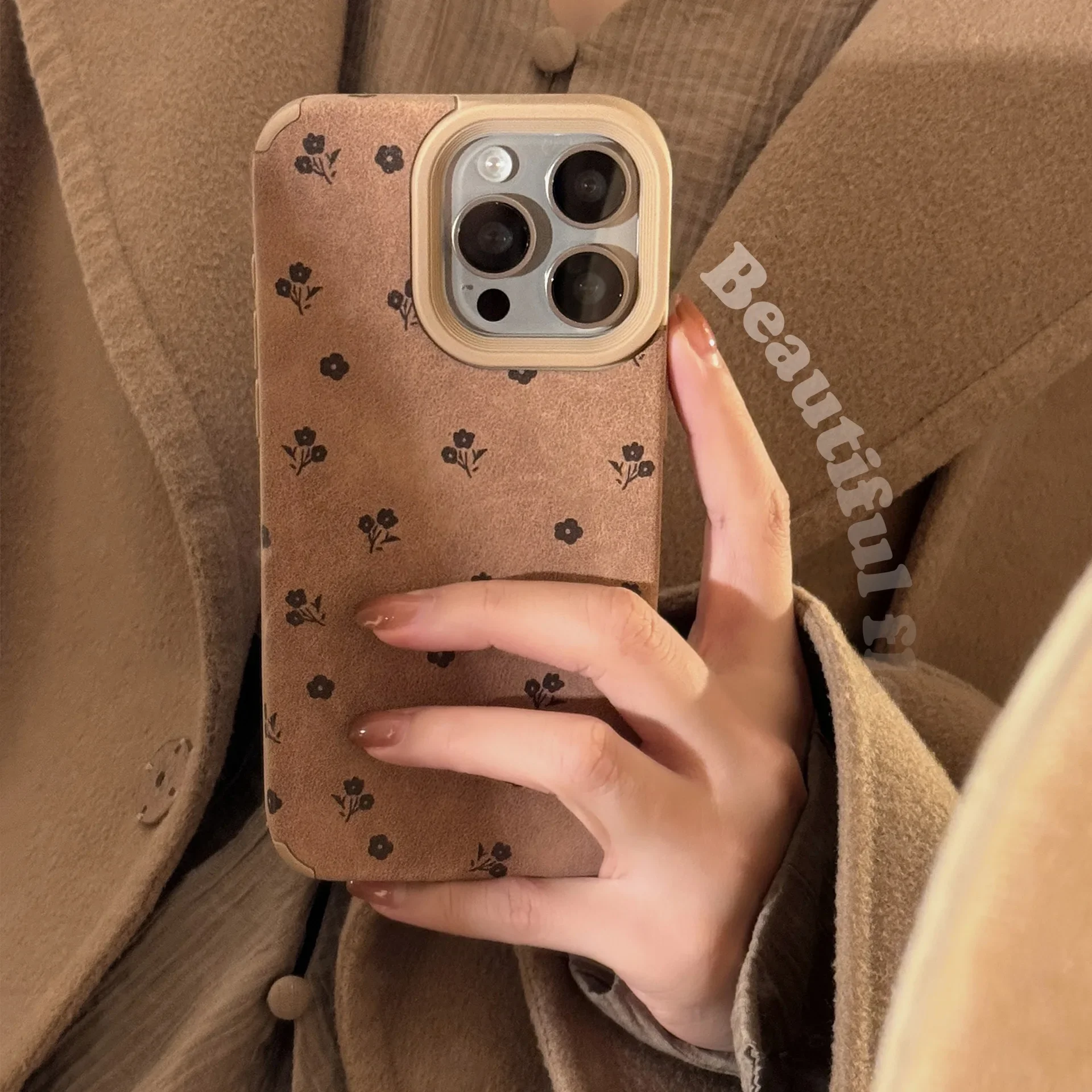 Retro flowers Suede leather art Phone Case For iPhone 17 16 15 14 13 12 11 Pro Max 17 air Case Cute Luxury Cartoon leather Cover