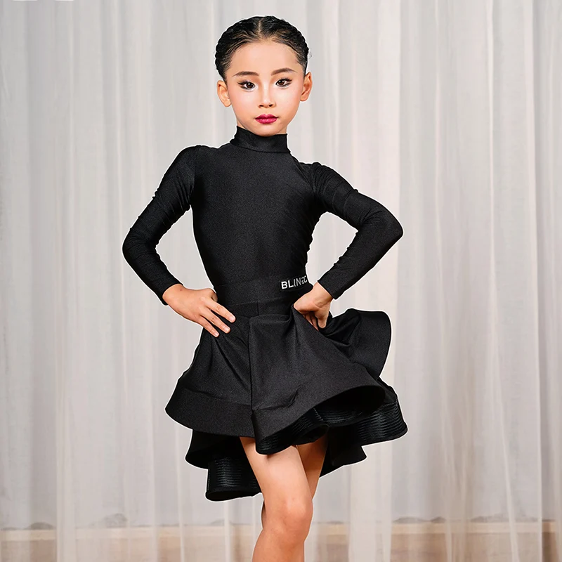2025 Vestito da ballo latino Ragazze Concorso Abbigliamento Manica lunga Vestito da ballo nero Professionale Performance latina Stage Wear VBH2179