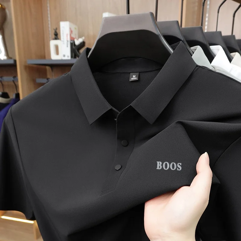 Summer Fashion Men's Short-Sleeved Polo Shirt Lapel Button Letter Stamp Casual Ventilated Minimalist Solid Color Men's Clothing