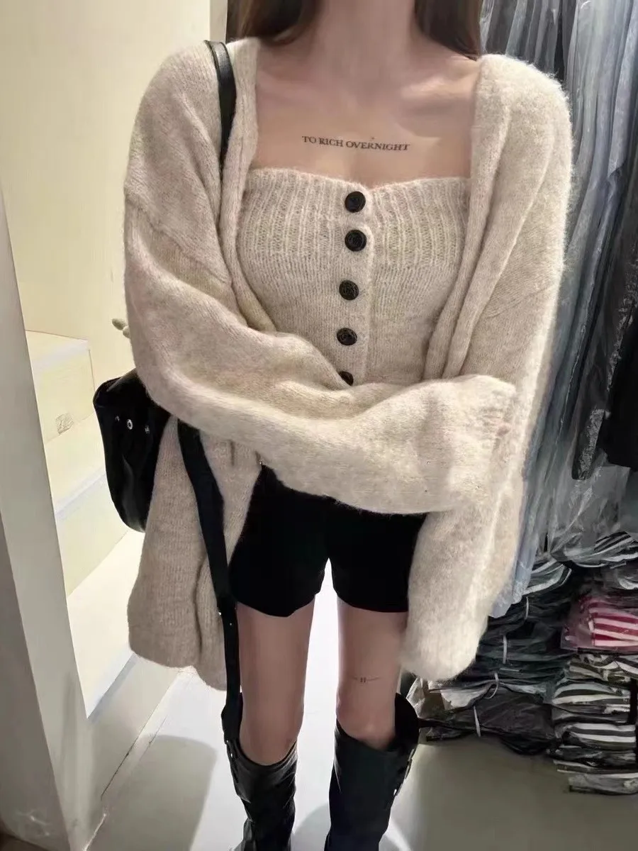 Korean Style Autumn Winter Pure Desire off Shoulder Single Button Base Shirt Cardigan Sweater Jacket Women Two Piece Set
