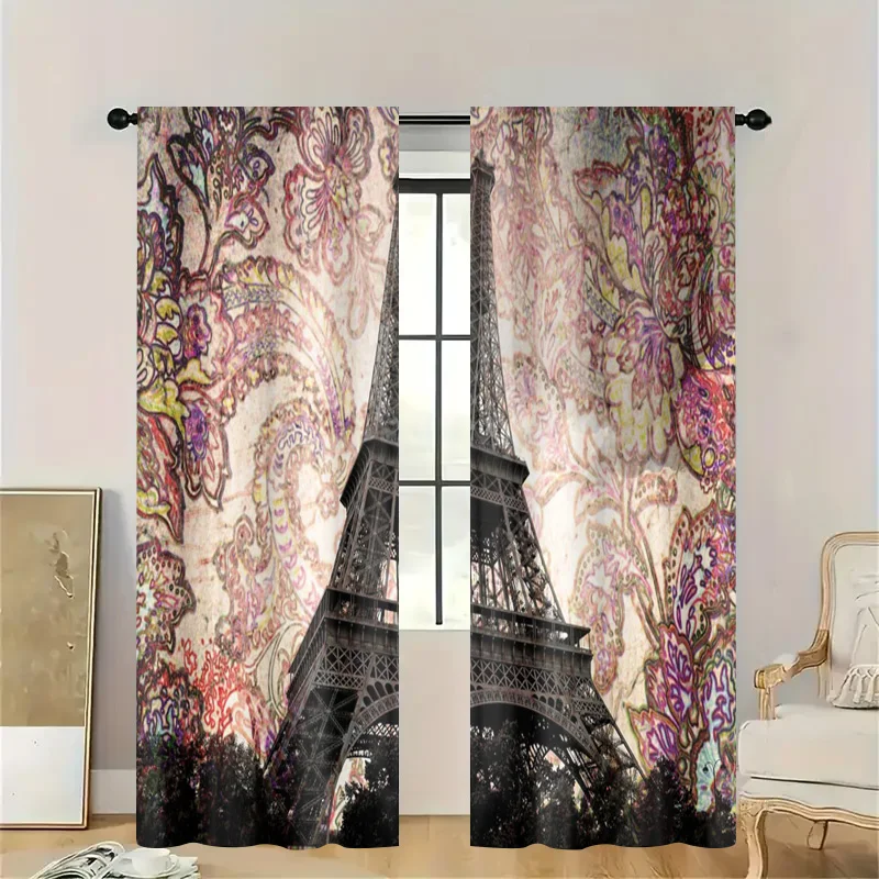 Elegant Parisian Floral Eiffel Tower Curtain Vintage Romantic Window Panel Sheer Light Filtering Drape for Home Decor Accent Cur