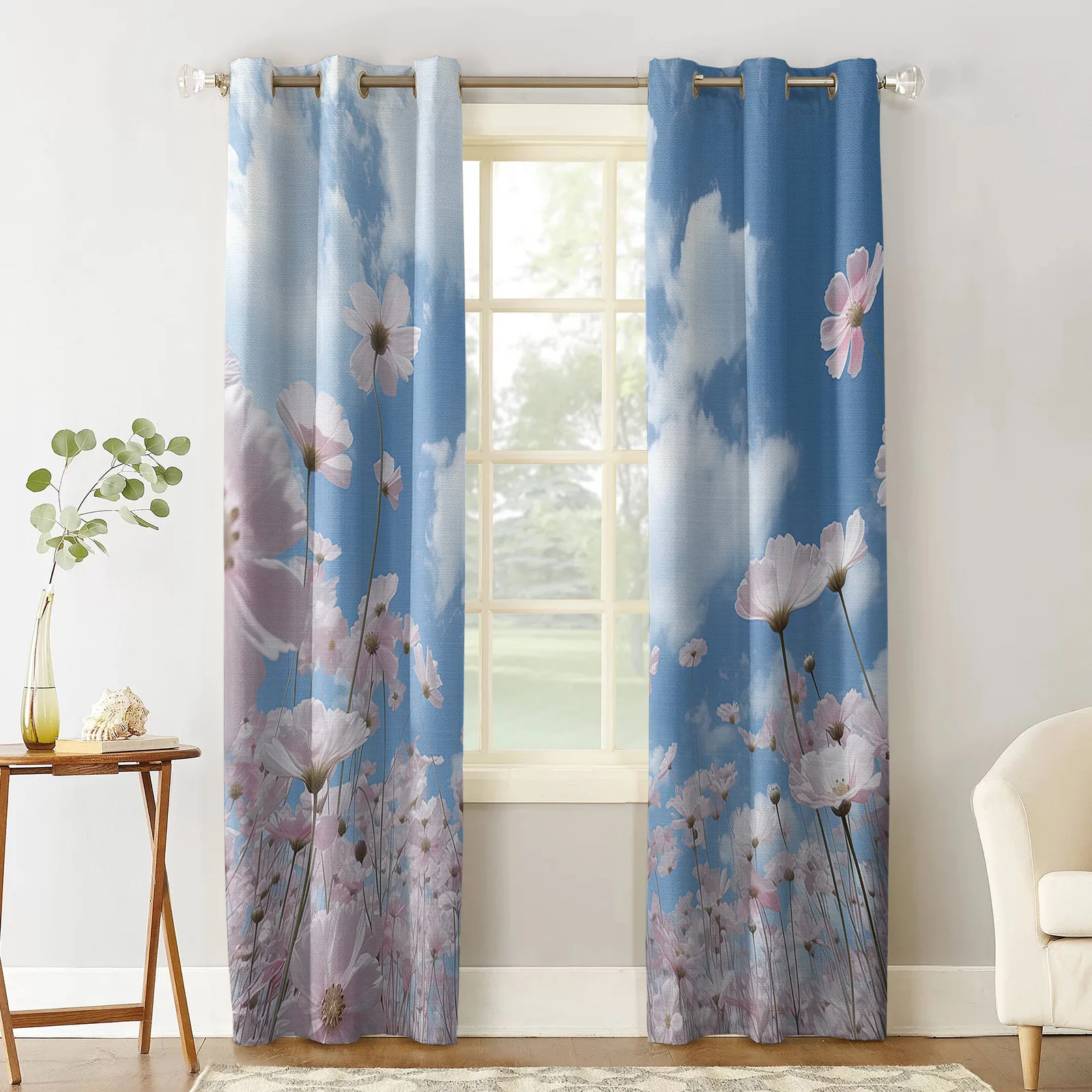 Sky White Clouds Flower Buds Living Room Bedroom Elegant Curtains For Kitchen The Room Window Treatments Drapes