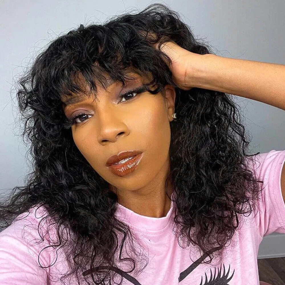 Glueless Brazilian Curly Human Hair Wigs With Bangs  200% Density Shoulder-Grazing Curly Wig with Wispy Bangs Machine Made Wigs