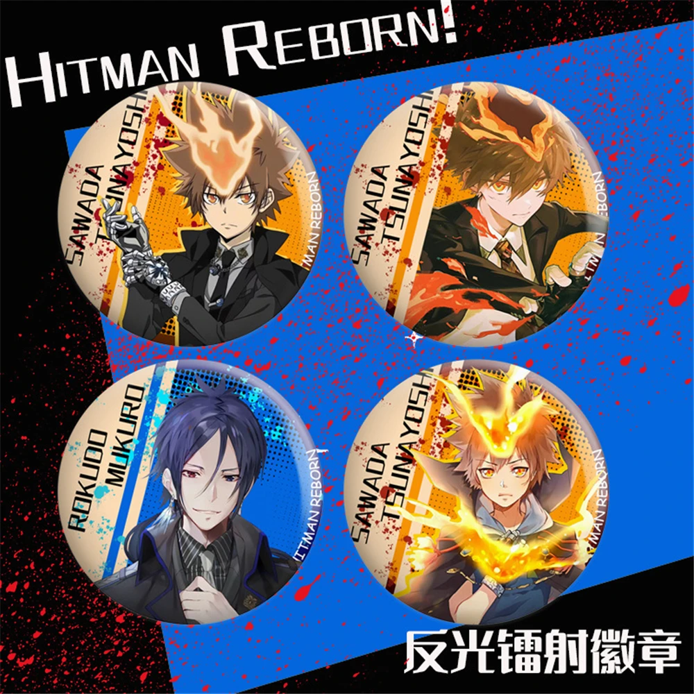 58mm Anime HITMAN REBORN! Sawada Tsunayoshi Rokudou mukuro Cosplay Costume Badge Pin SPTE Tinplate Brooch Accessories