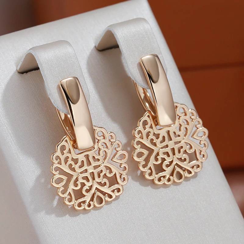 Luxury Glossy Geometric Texture Women's 585 Gold Color Earrings Vintage Dangle Earrings Fashion Fine Minimalist Jewelry