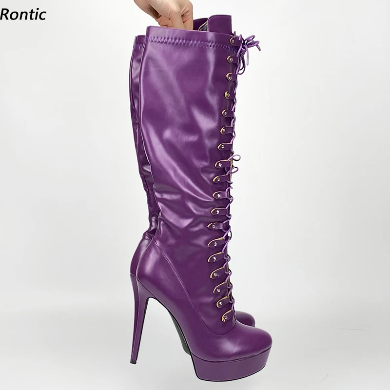

Rontic Real Pictures, женские зимние сапоги до колена на платформе, туфли на шпильке с круглым носком, великолепные фиолетовые розовые туфли для вечеринок, размер США 5-20