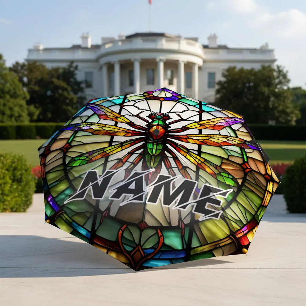 Custom Name umbrella, Stained Glass Dragonfly Umbrella -Fashion Folding Umbrella for Sunny and Rainy Days, Christmas Gift