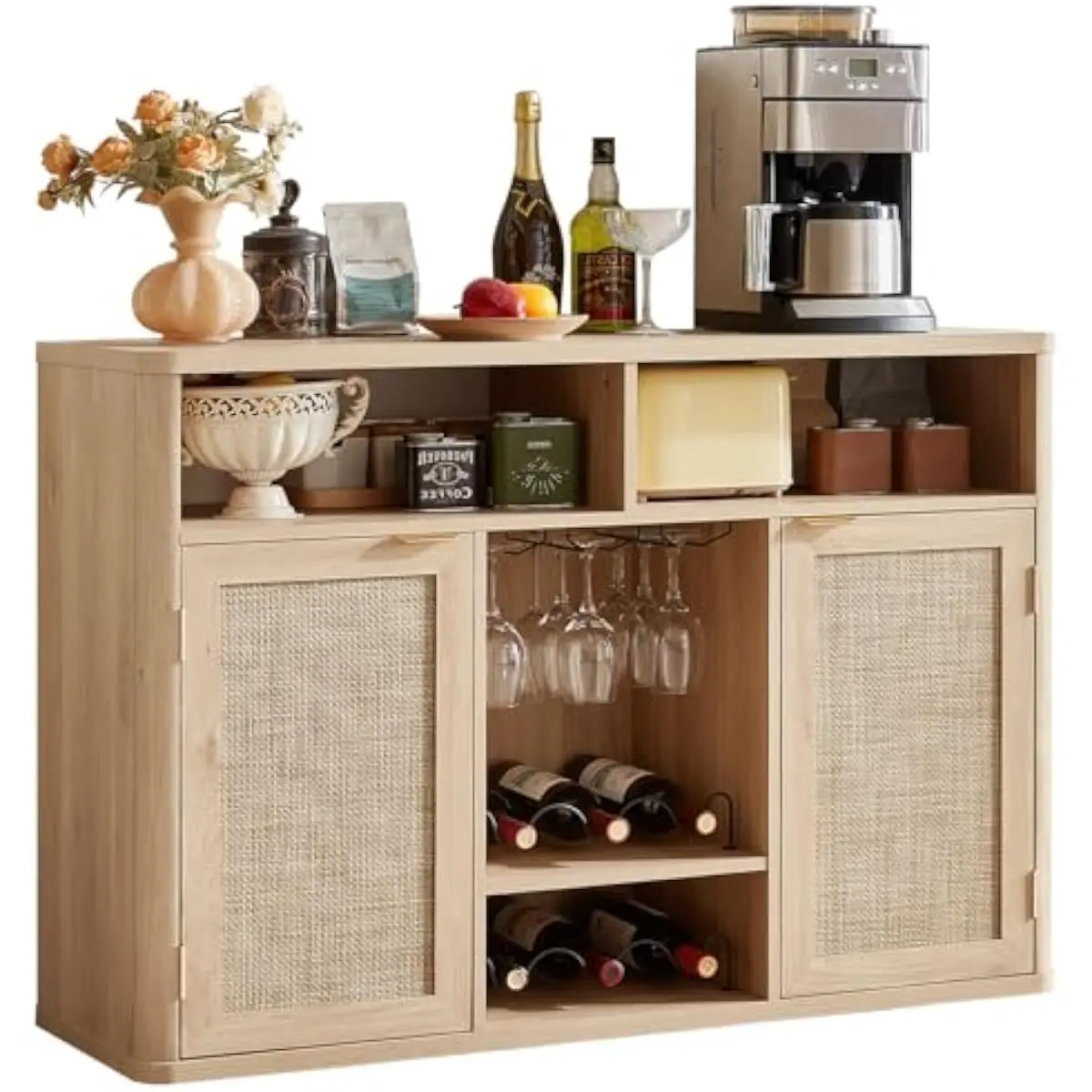 Rattan Wine Bar Cabinet with Storage, Natural Wood Finish, Rattan Mesh Doors, Rounded Edges, Adjustable Shelves, Floor-Standing Design