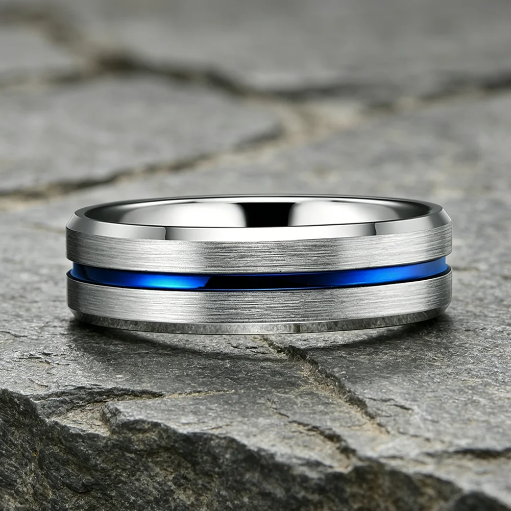Blauer 4-mm-Ehering aus Wolfram für Männer und Frauen, modische Ringe mit abgeschrägten Kanten, gebürstete Oberfläche, bequeme Passform – Detail 5