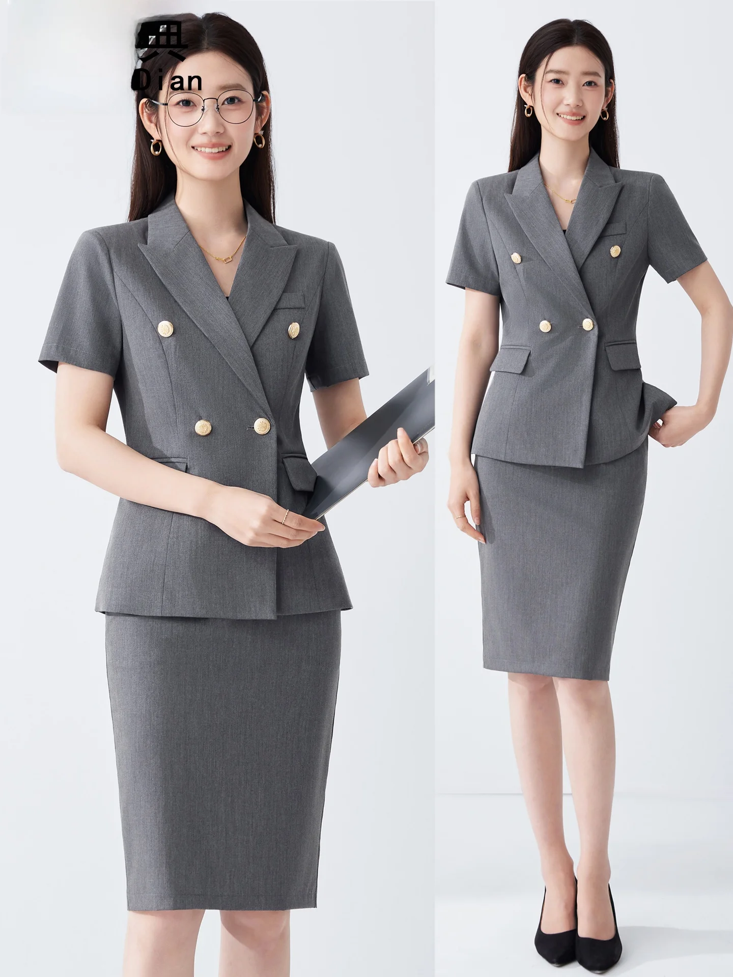 

Серый женский летний тонкий двубортный пиджак с коротким рукавом, профессиональный костюм с юбкой, униформа для карьеры