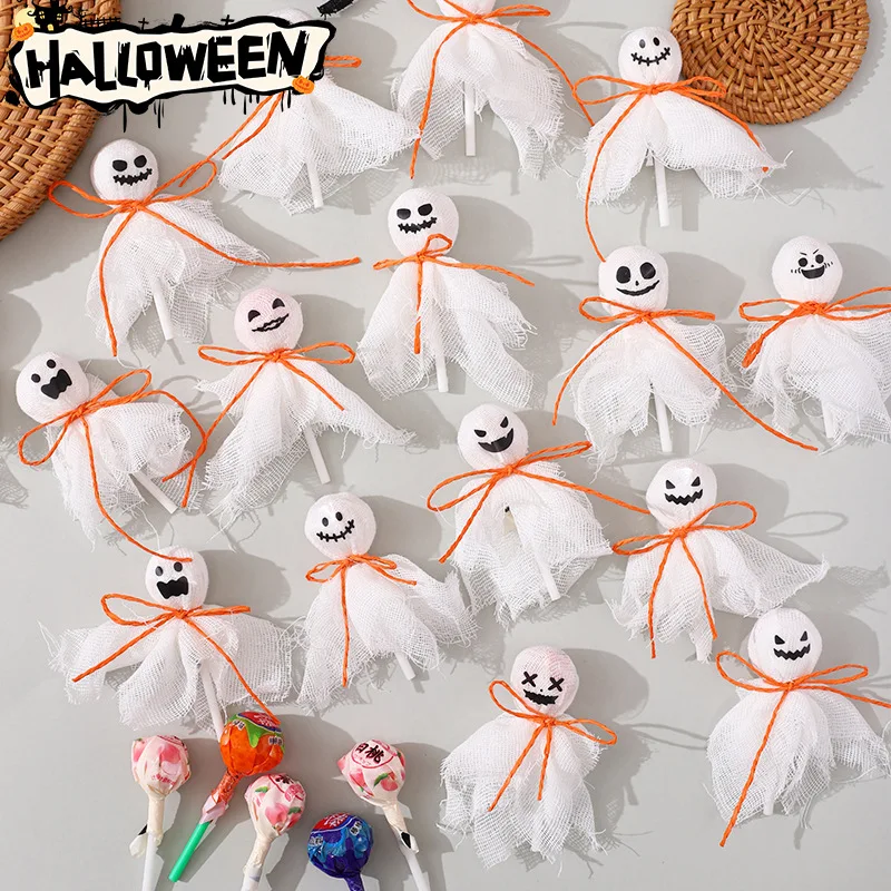 12Pcs New Halloween Ghost Pumpkin Lollipop Decoration DIY Candy Packing Cloth with Sticker Decor Kids Halloween Party Supplies
