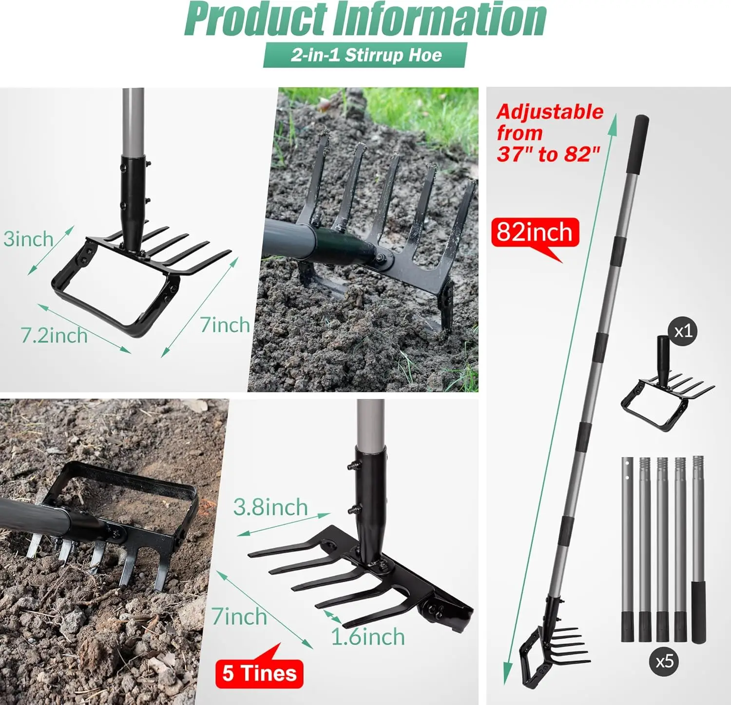 82 Inch Stirrup Hoe and 5-Tines Rake, Action Hoe for Weeding, 2 in 1 Scuffle Hoe with 37-82