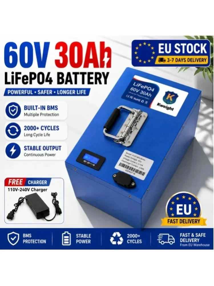 Kafety Lithium-Batterie 48V/60V 30Ah mit hochwertigen 18650-Zellen, intelligentem BMS, hoher Kapazität und stabiler Leistung für 250W-2000W-Motoren, E-Bike-Scooter-Dreiräder, lange Lebensdauer,