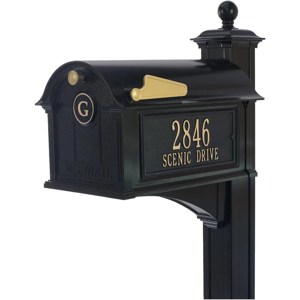 Custom Extra Large Mailbox - Balmoral Model with Address Plaques, Monogram and Side Mount Post Package, Sand Cast