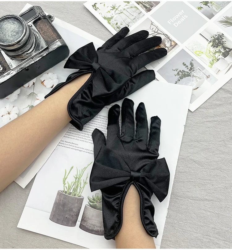 Guantes de novia cortos elegantes para dama de honor, dedo de satén con lazo, para baile de graduación, para desfile