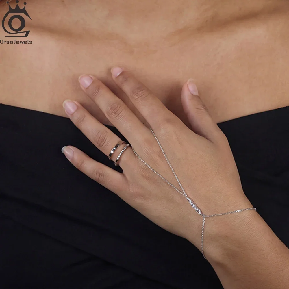 

ORSA JEWELS S925 Silver Fashion Finger Bracelet for Women Simple Shiny CZ Long Hnad Chain Ring Bracelet Party Jewelry APV03