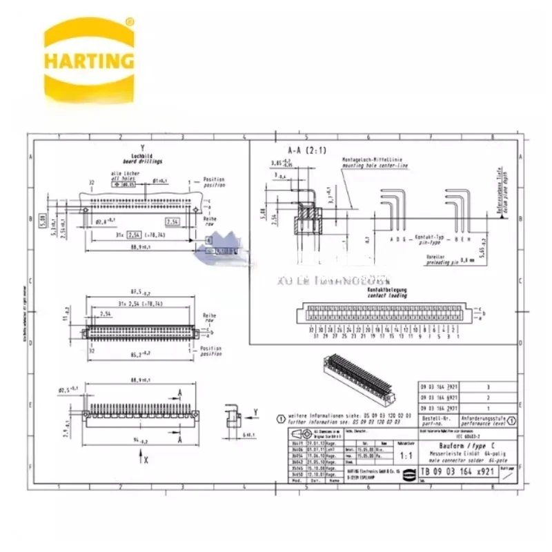 5pcs 09031646921 Original German HARTING 64-pin DIN41612 64-pin Right-Angle Connector