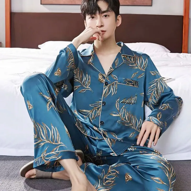 Luxury Men Sleepwear Silk Pajama Sets Long Sleeve Cardigan Pants Loungewear High-end Nightwear Two-piece Sets Spring Summer Suit