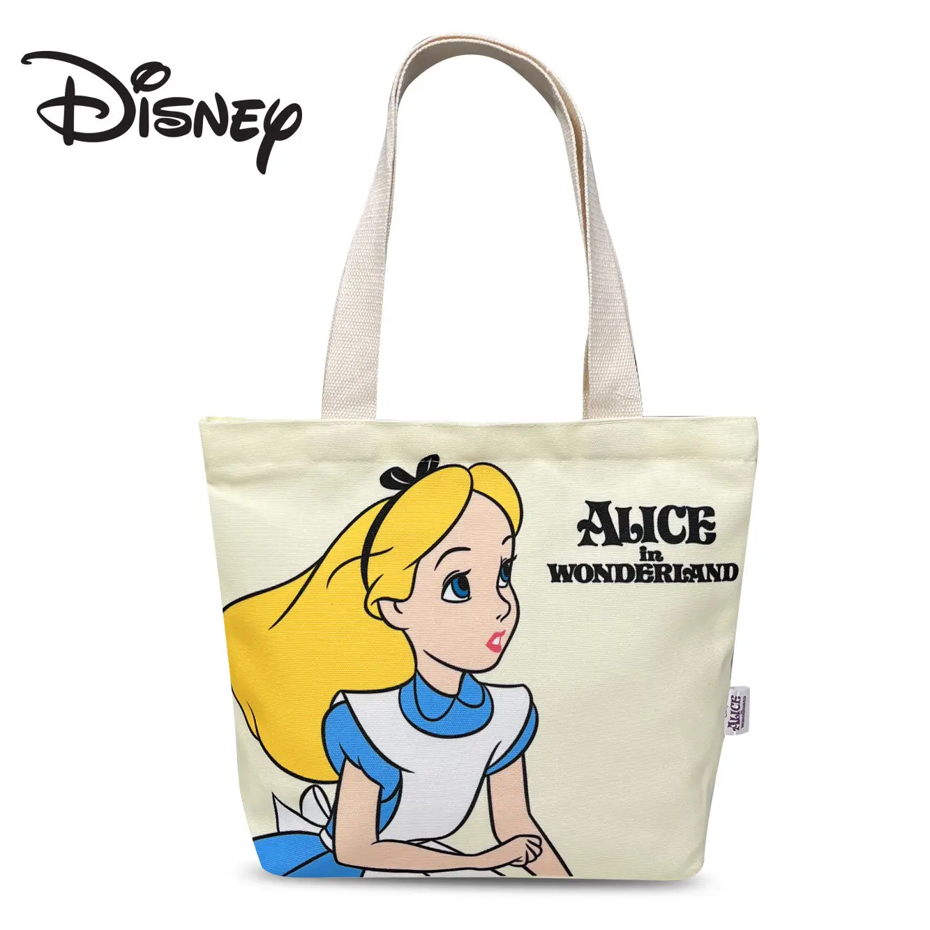 Disney Alice cartoon tote bag, fashionable zipper canvas bag, women\'s handbag, large capacity shopping bag, casual shoulder bag