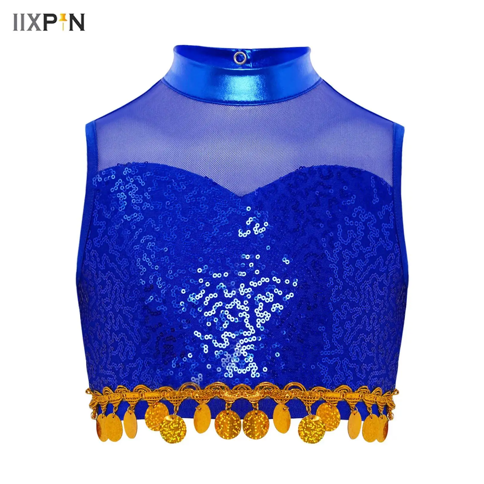 

Kids Girls Jazz Belly Dance Top Mock Neck Sleeveless Keyhole Back Sheer Mesh Patchwork Shiny Sequins Crop Tops India Dancewear