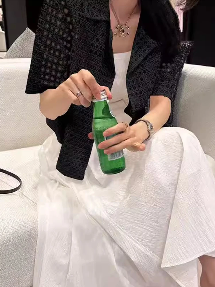 ملابس خارجية أنيقة شفافة مجوفة بأكمام قصيرة للسيدات صيفية بنمط جديد بدلة فضفاضة راقية سترة قصيرة قابلة للتنفس #5