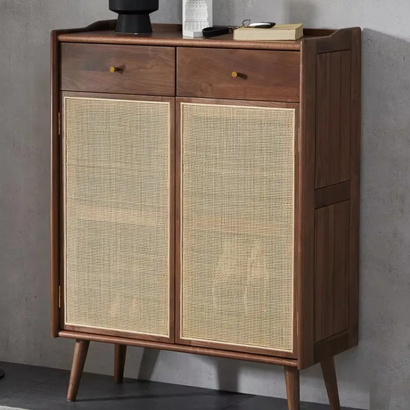 

Nordic solid black walnut furniture rattan door lightweight luxury shoe cabinet